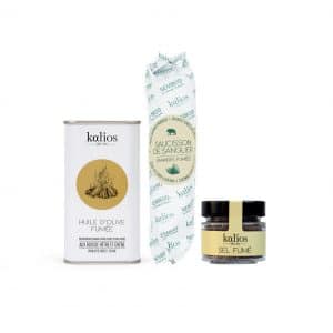 Coffret produits fumés - huile d'olive, saucisson, sel fumé